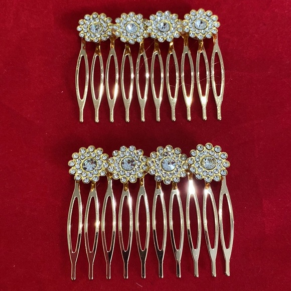 Hair Combs Set Of 2 Gold Tone Flower Rhinestones 2” - Picture 4 of 5
